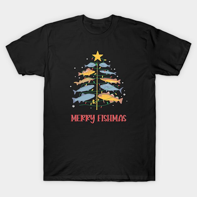 Merry Fishmas Christmas Fishing Fish Fisherman Tree T-Shirt by alexwestshop